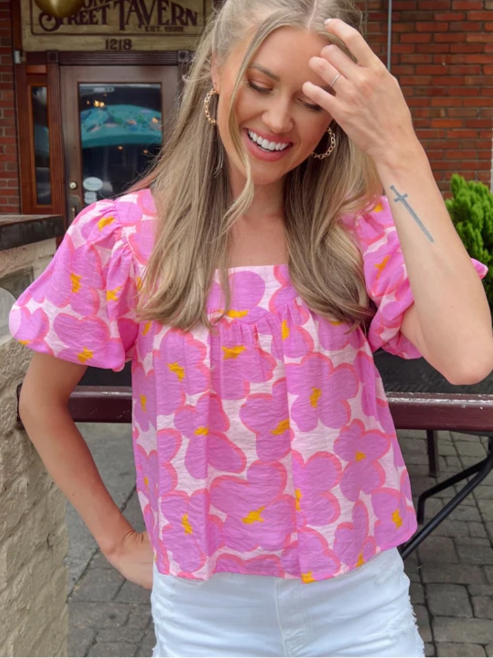 Vestique Pink Floral Puff Sleeve Blouse Square Neck Size L Preppy Vacation